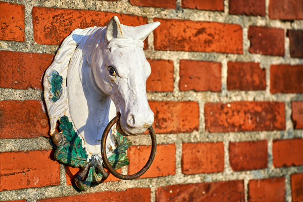 红砖墙上的白马头。图片下载