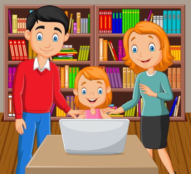 卡通快乐的家庭看笔记本电脑图片下载