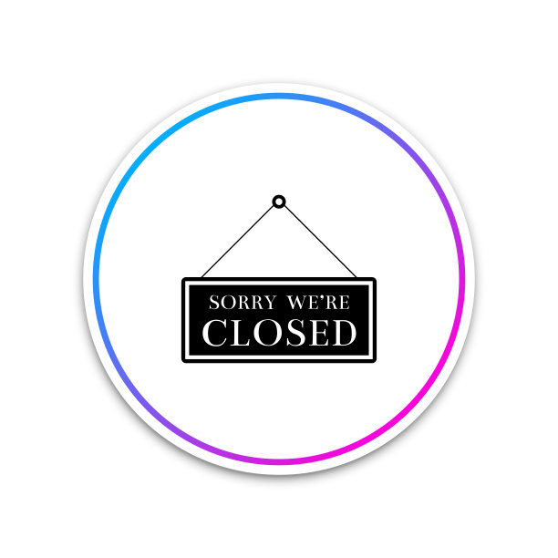 悬挂标志与文字抱歉，我们是封闭的图标孤立在白色背景。圆形白色按钮。矢量图图片下载