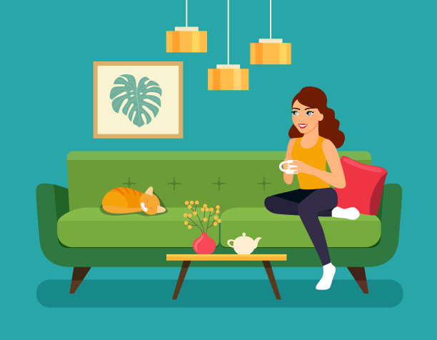 年轻女子独自坐在沙发上。矢量平面样式插图图片下载