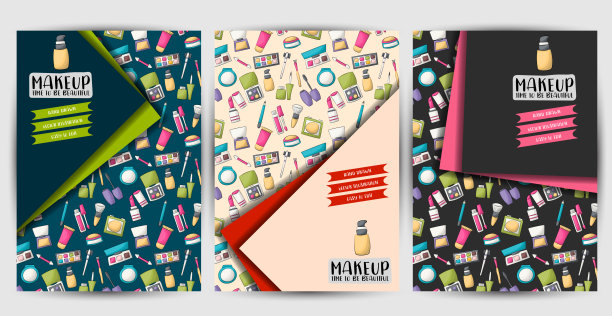 化妆和美容传单或海报集。广告背景，菜单，宣传册模板。手绘卡通风格设计理念。矢量插图。图片下载