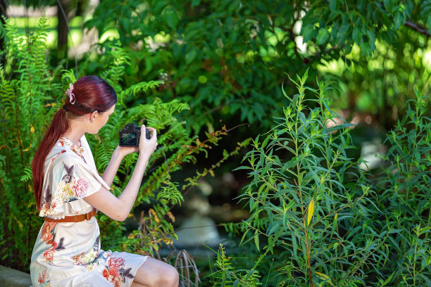 漂亮女孩在花园里拍照图片下载