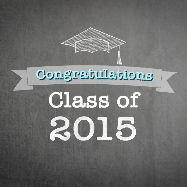 2015年毕业贺词，学校老师黑板背景上印有学生帽涂鸦的教育贺词卡图片下载