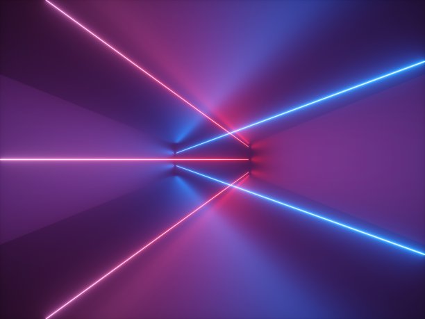 3d渲染，紫色抽象背景，紫外光，隧道内激光，虚拟现实空房间，粉蓝色对角线发光图片下载