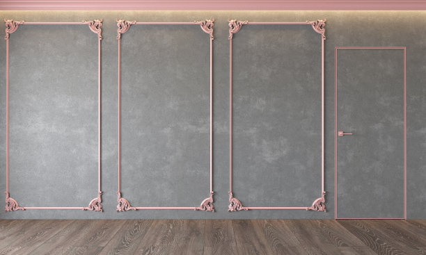 现代古典灰色内饰灰泥，粉色线脚，建筑beton，混凝土，门，木地板，天花板背光。空房间，空墙。3d渲染插图模拟。图片下载