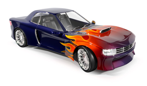 蓝色火焰图案的肌肉车。图片下载