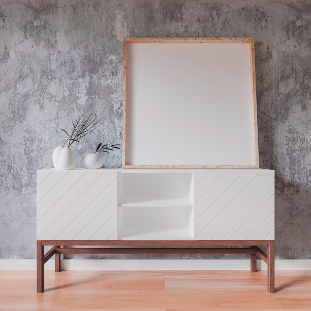 海报模拟在白色餐具柜与木制框架在家庭内部烧水泥背景，简约风格的客厅，3D逼真渲染图片下载