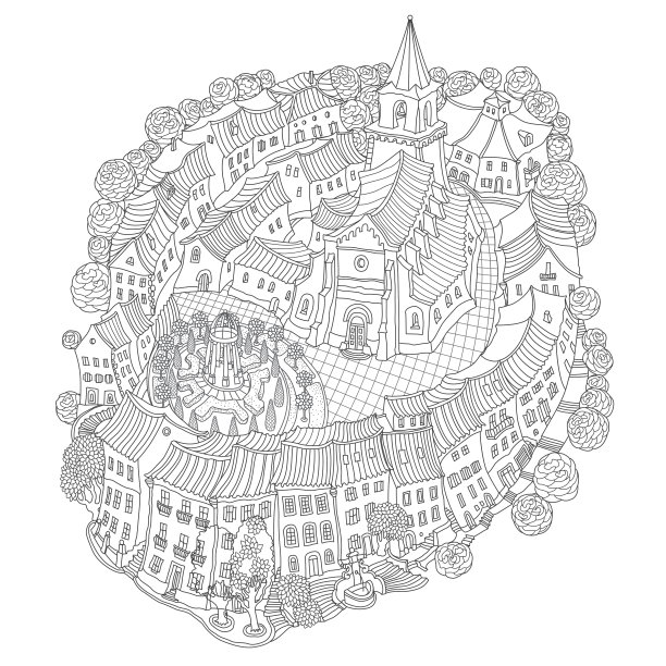 矢量轮廓勾勒出梦幻的风景、树木、童话小镇上的中世纪山丘城堡。黑白T恤印刷，小册子插图，成人涂色书页图片下载