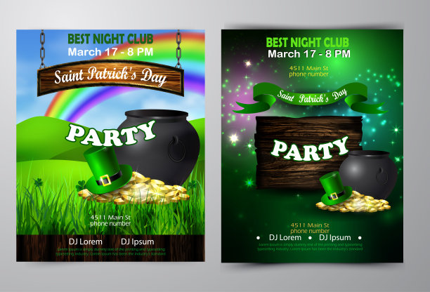 爱尔兰节日圣帕特里克节。派对海报，迪斯科夜海报图片下载