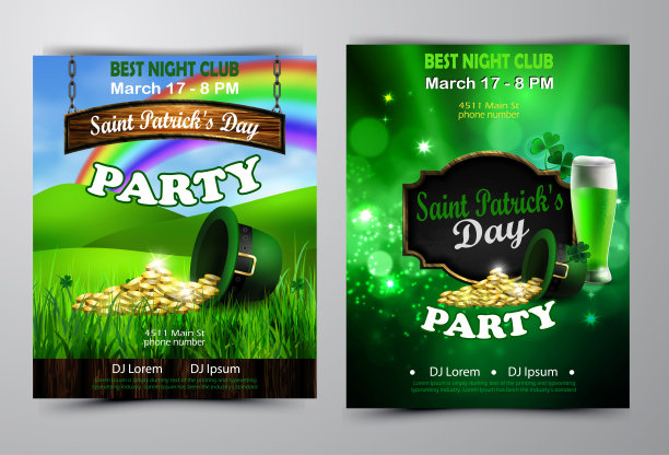 爱尔兰节日圣帕特里克节。派对海报，迪斯科夜海报图片下载