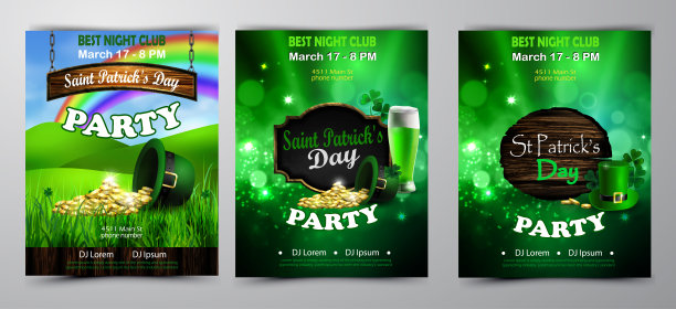 爱尔兰节日圣帕特里克节。派对海报，迪斯科夜海报图片下载