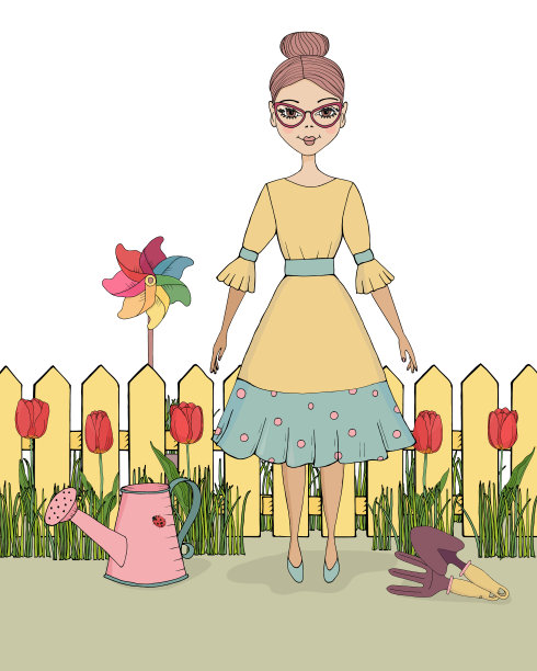 矢量插图年轻女子在花园与一套园艺工具和鲜花图片下载