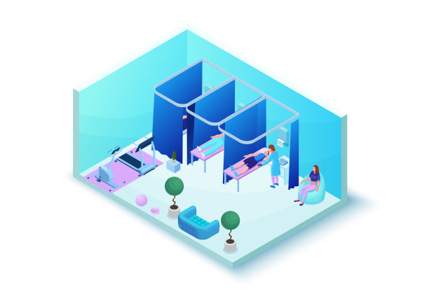 医疗理疗康复和放松室，诊所内部等距康复床，按摩，电疗，有氧运动，跑步机，三维等距矢量图图片下载