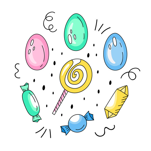复活节糖果矢量套装。涂鸦风格。彩绘蛋和糖果图片下载
