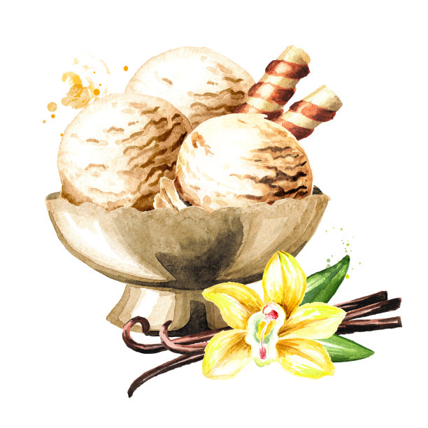 香草冰淇淋在碗里。水彩手绘插图，孤立的白色背景图片下载