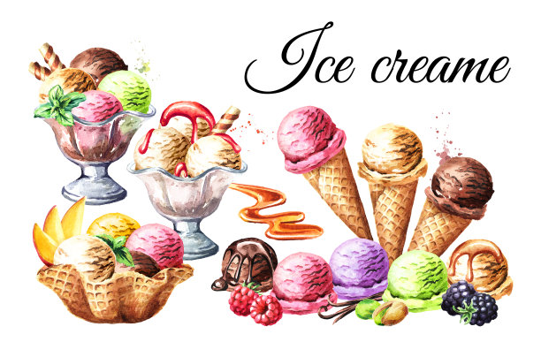 冰淇淋变型卡。水彩手绘插图，孤立的白色背景图片下载