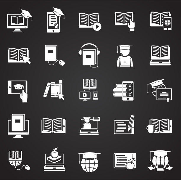 电子学习图标设置在黑色背景的图形和网页设计，现代简单的矢量标志。网络的概念。时髦的符号为网站设计网页按钮或移动应用程序。图片下载