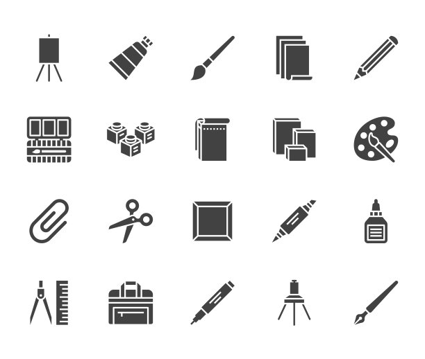 艺术供应平面字形图标集。油画颜料，水彩，画纸，速写本，调色板，文具矢量插图。艺术商店的招牌。固体轮廓像素完美的64x64图片下载