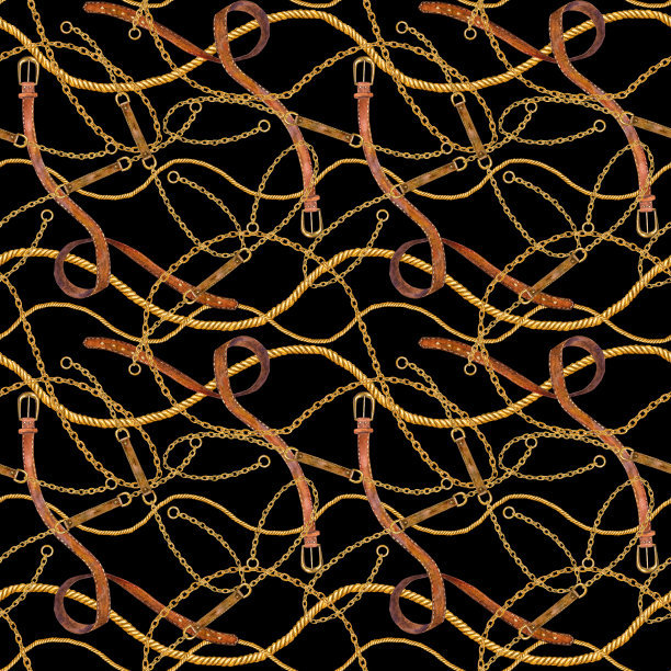 金色链条魅力无缝图案插画。水彩纹理与金色链和皮带。图片下载