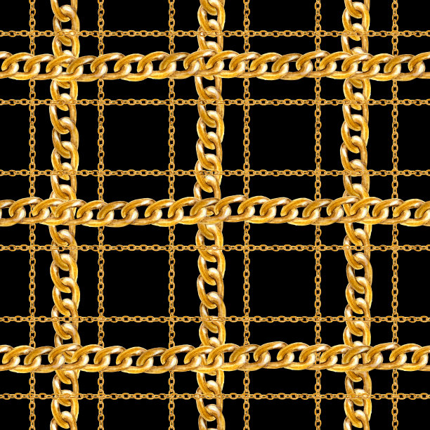 金链魅力格子无缝图案插图。水彩纹理与金色链。图片下载