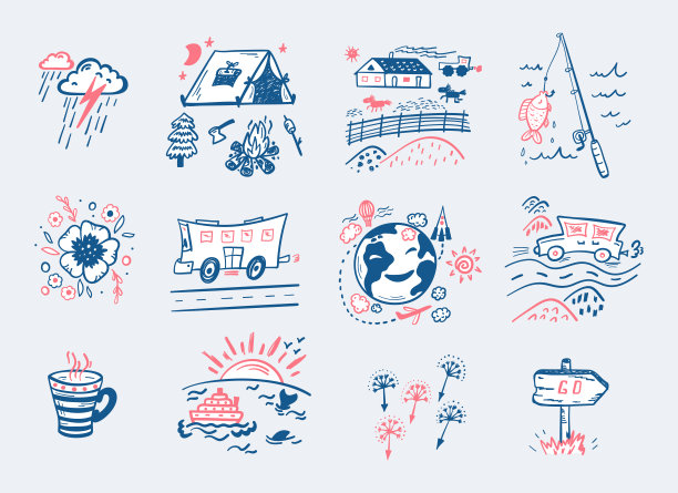 手绘旅行和露营涂鸦图标矢量集图片下载
