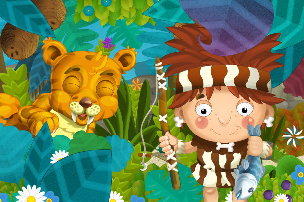 原始人野蛮战士遭遇剑齿虎的卡通场景图片下载