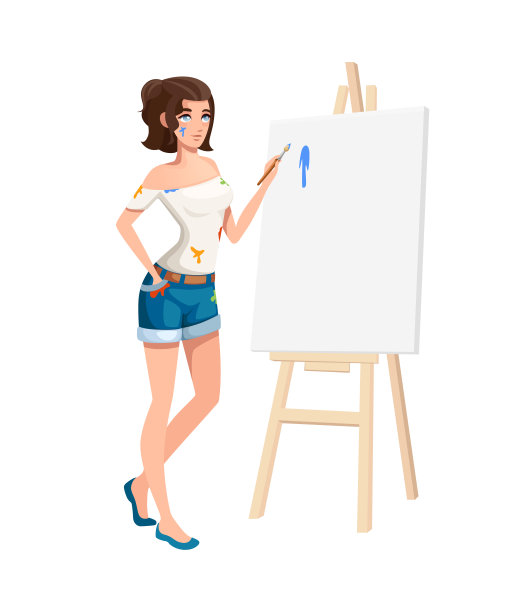 美丽的女孩站在画架与油漆刷。脏衣服。卡通人物设计。平面矢量插图孤立在白色背景上图片下载