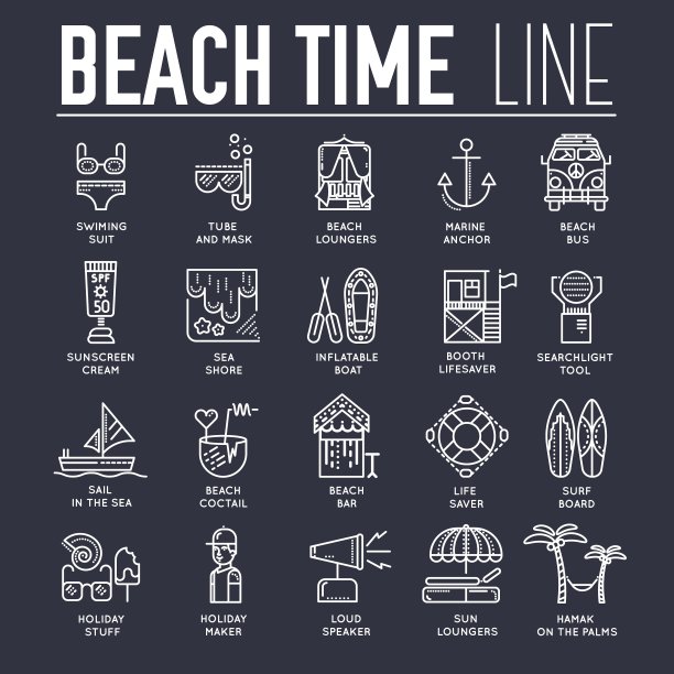 用沙滩项目矢量勾勒夏季活动的概念。夏天在海边活动的不同设备。细线说明。横幅与印刷标语文字设计。图片下载
