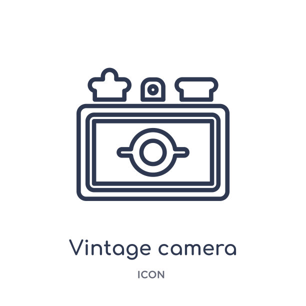 线性古董相机图标从机场航站楼轮廓收集。细线老式相机矢量隔离在白色背景上。复古相机潮流插画图片下载