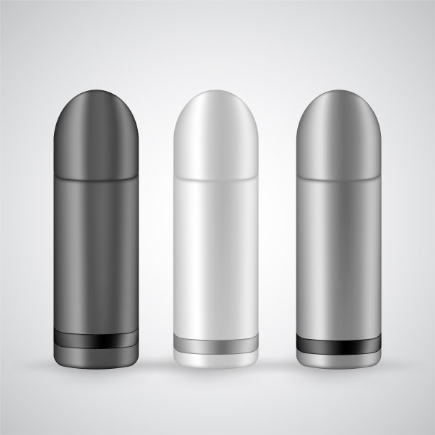 保温瓶瓶矢量设置隔离在白色。银色，黑色和白色的变种。3d逼真的图标，徒步旅行，露营的饮料容器。热饮料的金属瓶，留有品牌空间图片下载