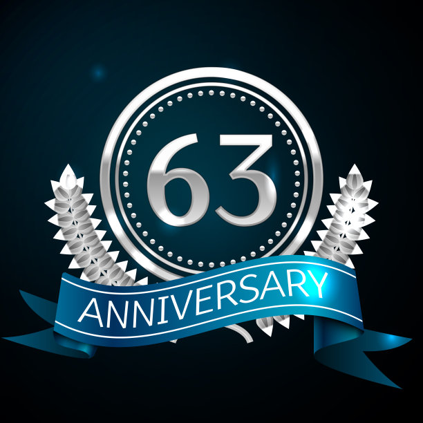 现实63周年庆典设计与银戒指和月桂花环，蓝丝带在蓝色背景。彩色矢量模板元素为您的生日庆祝派对图片下载