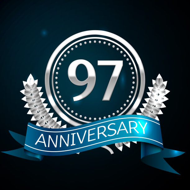 现实97周年庆典设计银戒指和月桂花环，蓝丝带在蓝色背景。彩色矢量模板元素为您的生日庆祝派对图片下载