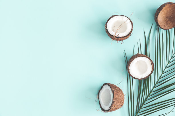 夏天组成。淡蓝色背景上的椰子，棕榈叶。夏天的概念。平铺，俯视图，拷贝空间图片下载