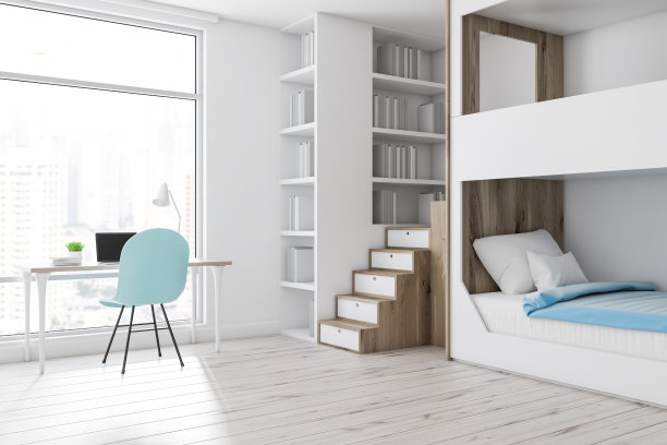 白色双层床卧室角落，电脑桌图片下载