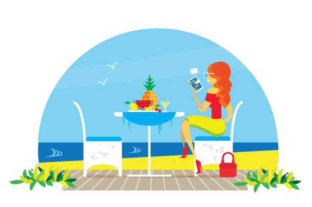 漂亮的红头发女人。阳台上的桌椅。餐厅海景。水景观。晚餐野餐水果。菠萝。花。栅栏。平面向量图片下载