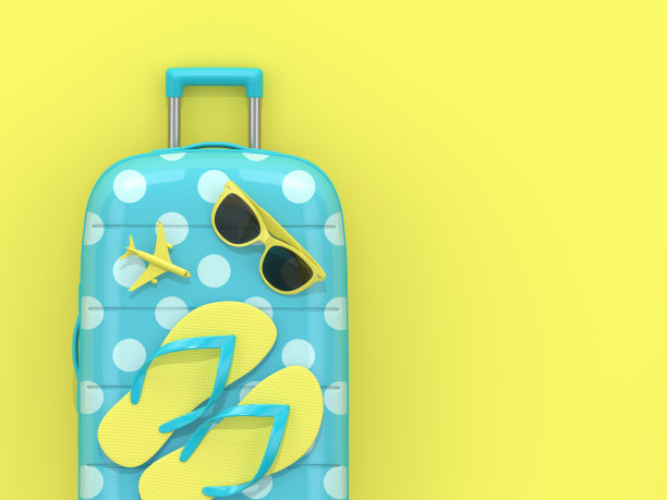 3d渲染手提箱与度假的东西在黄色的背景图片下载
