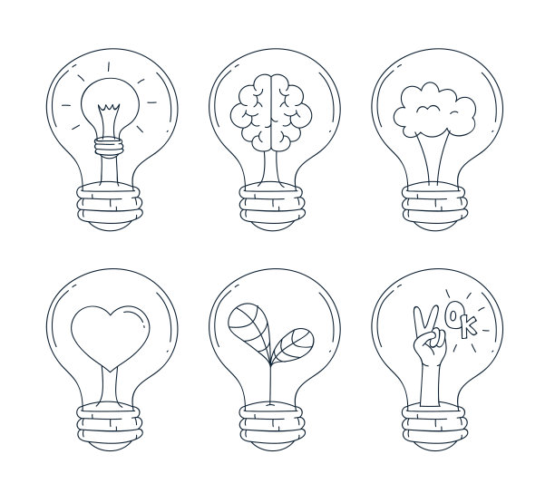 灯泡图标集，手绘涂鸦线条风格，矢量插图图片下载