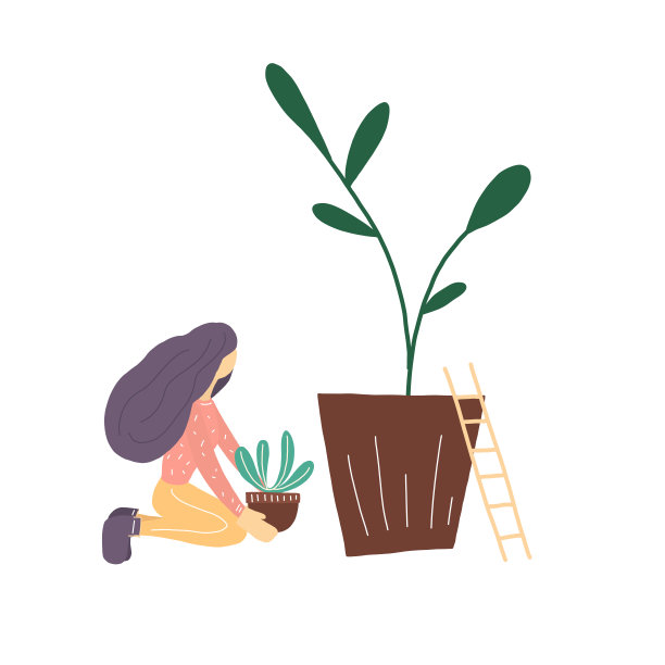姑娘在花园里劳作，大家植物矢量集插画图片下载