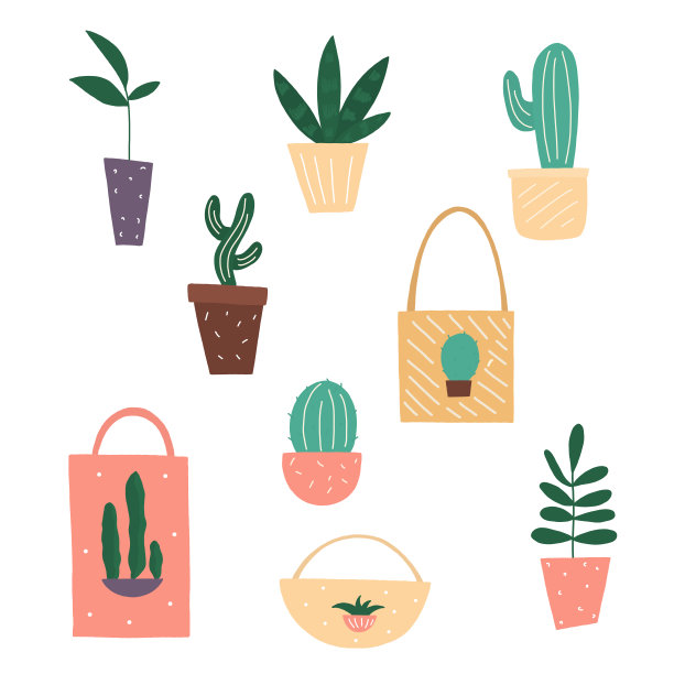 向量集购物袋和家植物插图图片下载