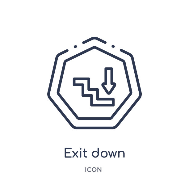 箭头轮廓集合中的线性退出向下图标。细线出口向下矢量隔离在白色背景上。退出时尚插画图片下载