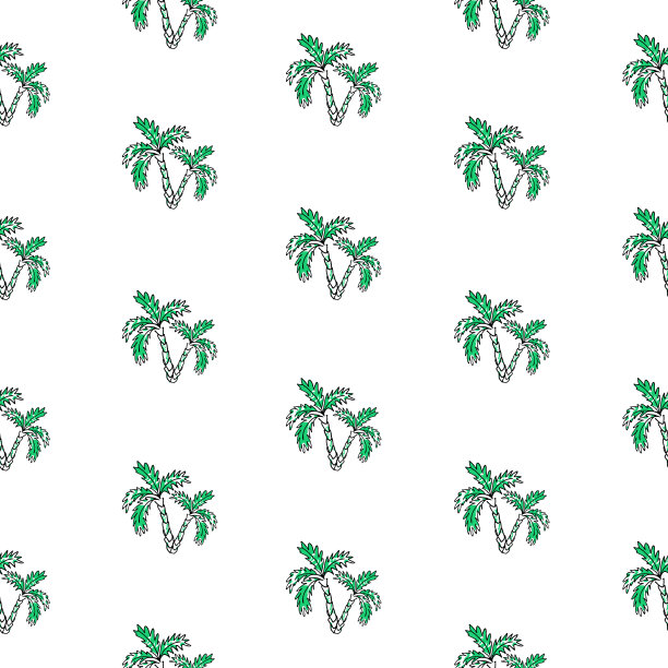 无缝图案与棕榈树图标手绘风格。夏季背景印刷壁纸，设计卡片。热带自然元素。图片下载