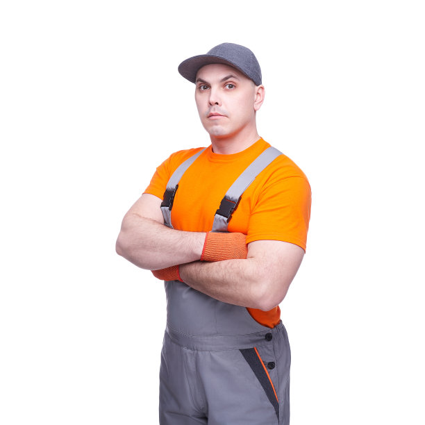 工人穿着工作服被隔离在白色背景上图片下载