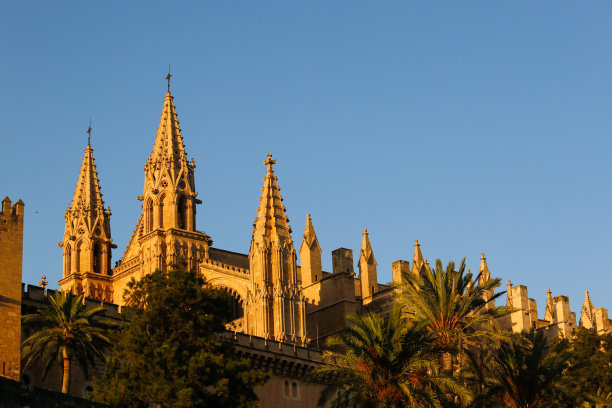 马略卡帕尔马大教堂，从道路后视镜。海边的一座哥特式教堂。美丽的西班牙旅游图片。图片下载