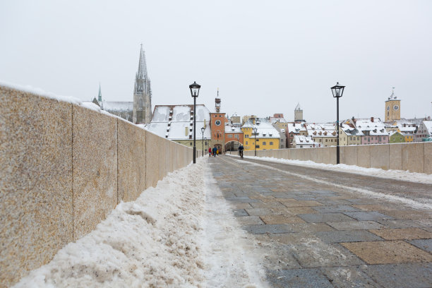 雷根斯堡历史名城，从石桥上看，冬天图片下载
