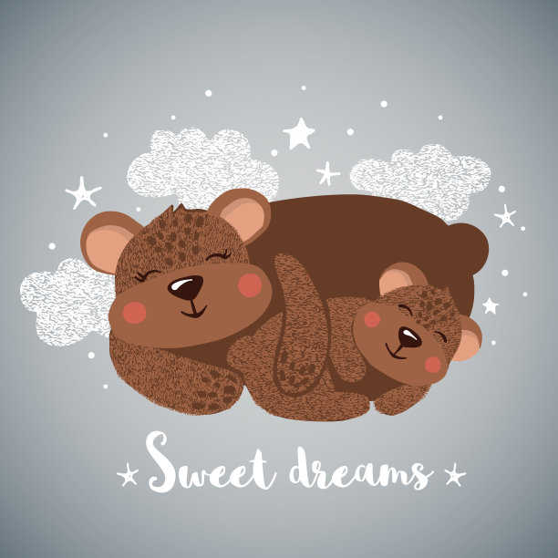 手绘的贺卡上有可爱的熟睡的熊。图片下载