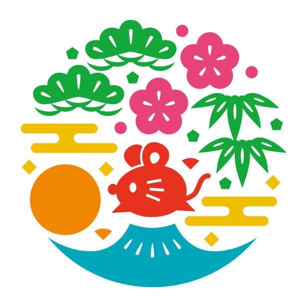 圆与鼠标和日语图标。素材图片