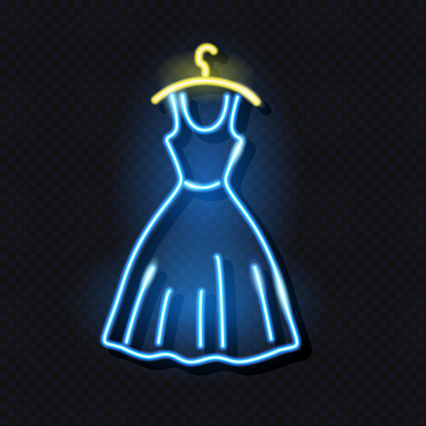 挂在衣架上的女性服饰的霓虹图标。时尚精品店或少女概念。夜光招牌风格的设计元素。孤立在黑暗背景。矢量10 EPS插图。图片下载