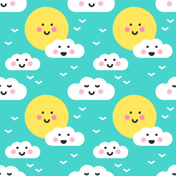 可爱的卡哇伊云和太阳在天空与滑稽的面孔无缝模式图片下载
