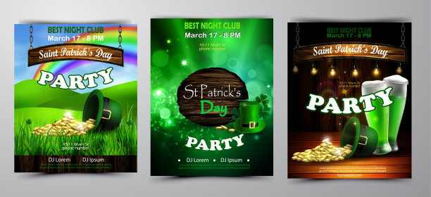 爱尔兰节日圣帕特里克节。派对海报，迪斯科夜海报图片下载