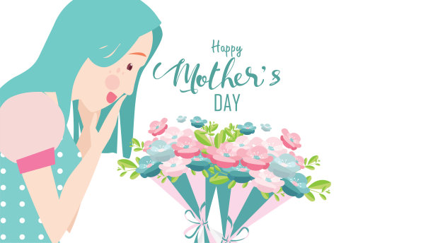 母亲节快乐!靠近妈妈微笑和惊讶。带着花的漂亮女人。女性与郁金香。春天的气味。彩色矢量插图平面设计风格。——矢量图片下载